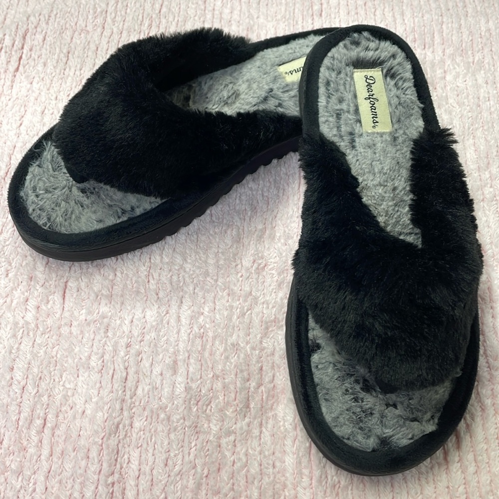 Dearfoams Women's Black & Gray Faux Fur Slip On Slippers (L)